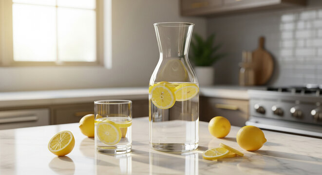Refreshing lemon water in a glass pitcher and glass, sits on a kitchen counter amongst whole lemons and lemon slices.