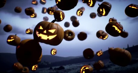 A spooky Halloween night with many carved pumpkins floating in the air. - Powered by Adobe
