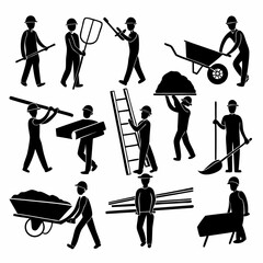 Obraz premium Construction workers with tools and materials building shovel