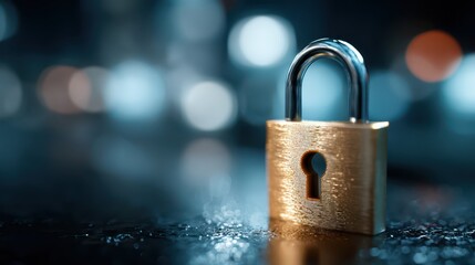 A solitary metallic padlock with a shackle rests securely upon a flat wooden surface creating a simple yet powerful visual metaphor for security privacy and protection