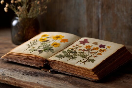 Vintage pressed flower book open a wooden desk