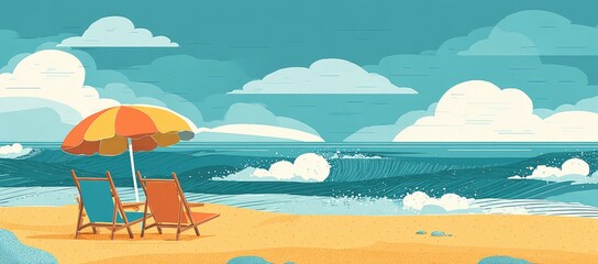 Beach Scene with Umbrella and Chairs