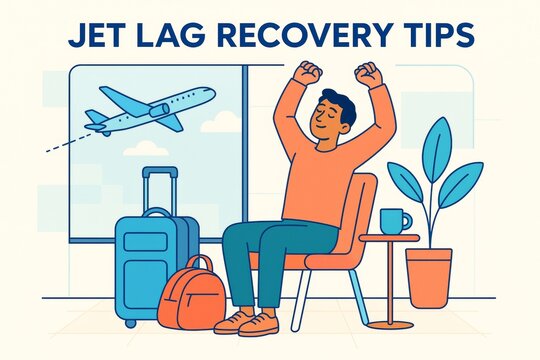 Jet lag recovery tips illustration showing a relaxed traveler stretching in airport lounge with luggage, coffee, and airplane in background. Ai generative