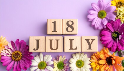 Wooden Blocks with Date 18 July. Floral Calendar – Vibrant Flowers on Solid Colored Background