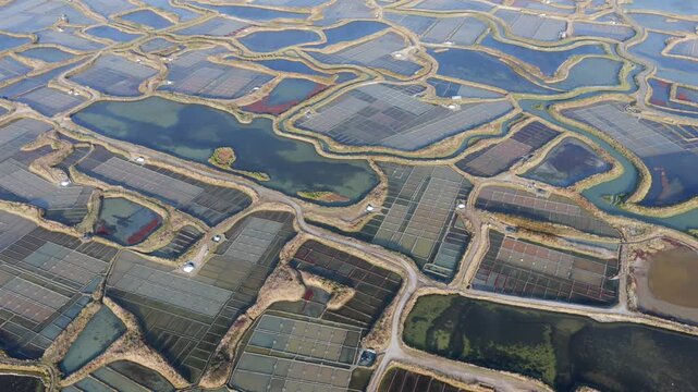 Aerial view of the salt fields of Guerande France at sunset