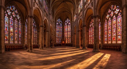 A grand European cathedral interior, with sunlight through stained-glass windows, illuminating Gothic architecture and the vast nave, creating a peaceful, historical atmosphere