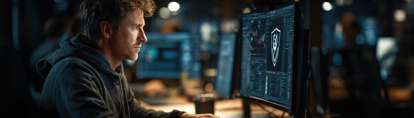 Obraz premium An adult male professional is intensely focused on the bright illumination of a desktop computer screen in a softly lit office analyzing data and information for his work project