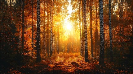 Obraz premium Expansive autumn forest with golden sky and falling leaves, peaceful natural scenery, tranquil woodland environment, sunlight filtering through trees, seasonal foliage panorama.