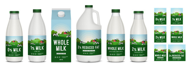 Vector milk labels and milk containers