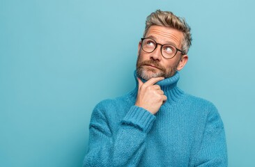 Fototapeta premium Thoughtful middle-aged man with glasses and a beard wearing a blue sweater, standing against a solid light blue background, looking upwards with a contemplative expression and hand on chin