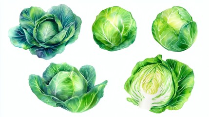 A collection of five watercolor illustrations of cabbages, showcasing different angles and styles