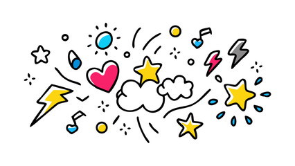 Hand drawn comic doodles stars heart lightning cartoon