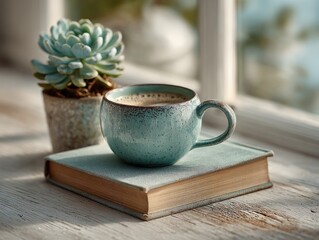 Teal coffee cup, succulent, book, windowsill, sunlit morning