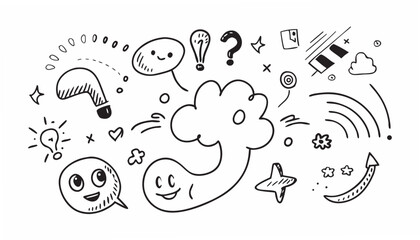 Hand drawn doodle icons with faces and symbols vector