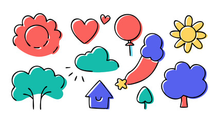 Hand drawn doodle icons with nature and celebration themes vector