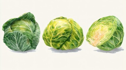 Obraz premium Three varieties of cabbage displayed on a light background, showcasing their textures and colors, with one cabbage cut in half to reveal its inner leaves