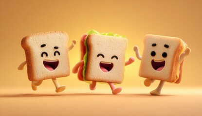 Three cheerful cartoon bread slices with smiling faces and arms, standing on a wooden with a warm, glowing background