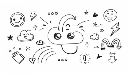 Hand drawn doodles of happy faces clouds lightning bolts and hearts illustration
