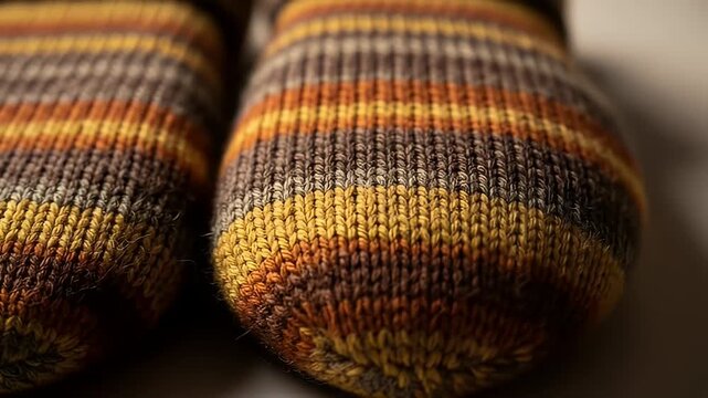 Close-up of striped woolen socks in shades of brown, yellow, and orange