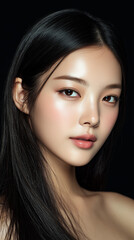 Obraz premium Natural beauty captured in a close-up portrait of a young Asian woman with long black hair and radiant skin