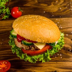 Classic burger on wooden table