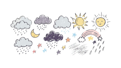 Hand drawn weather elements with muted colors clouds moon
