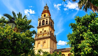 Scenic view of a historic bell tower surrounded by lush greenery under a bright blue sky