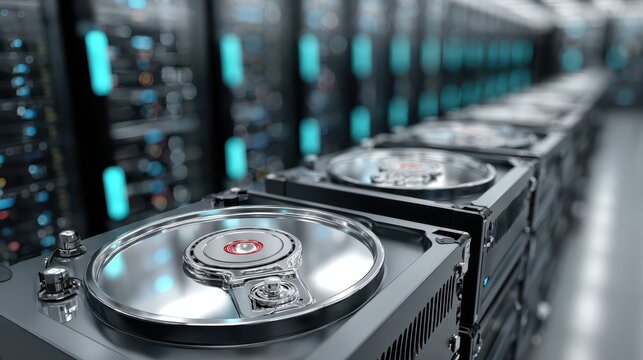 A detailed close up of a server rack showing multiple hard disk drives in operation highlighting the internal components and storage technology within a modern data center environment