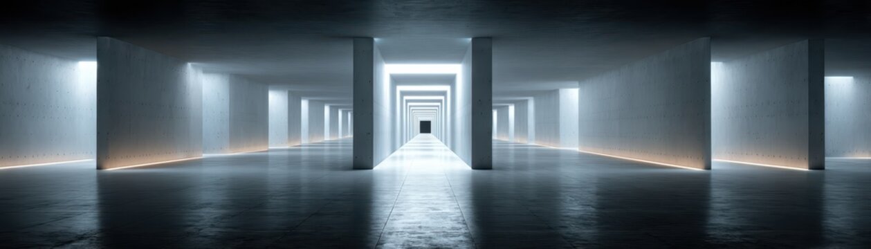 Expansive architectural interior view of an endless minimalist corridor with a long clean white wall creating a stark and simple one point perspective leading into the distance