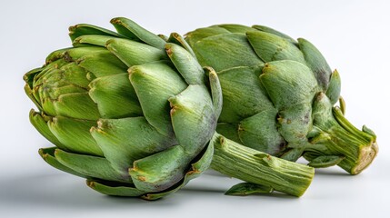 Fototapeta premium Fresh Green Artichokes Isolated on Light Background Showcasing Unique Texture and Natural Beauty of Vegetable Produce Perfect for Culinary Use
