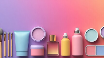 A vibrant and colorful flat lay composition featuring a diverse array of beauty and cosmetic products neatly arranged on a stylish two tone pink and blue background
