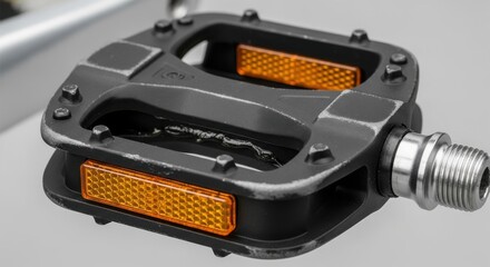 Close-up of a bicycle pedal featuring orange reflectors and a threaded spindle