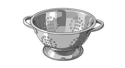 Shiny metal colander illustration with symmetrical holes, perfect for kitchen concepts or culinary education material representing home cooking and