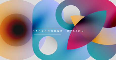 Abstract colorful circles overlap. Modern design features gradients, shapes, text background design. Visually appealing, dynamic composition.