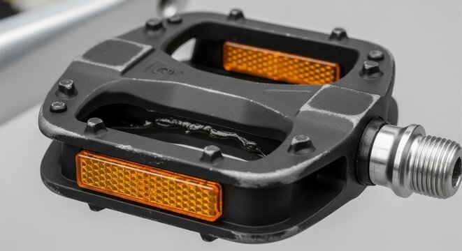 Close-up of a bicycle pedal featuring orange reflectors and a threaded spindle