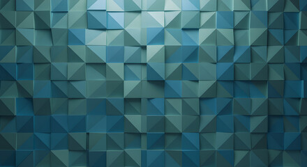 Abstract blue and green geometric 3D pattern with varying shades and modern textured surface