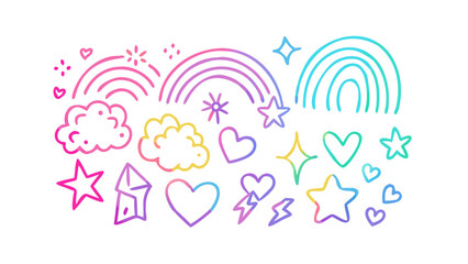 Rainbows hearts stars and clouds doodle elements lightning