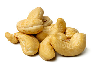 Photo of Cashew nuts  taken with a high-resolution camera using the focus-stacking technique on a white background.