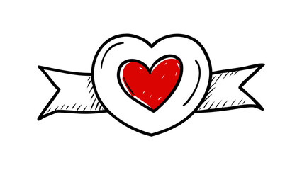Red heart drawn with black outline and banner love