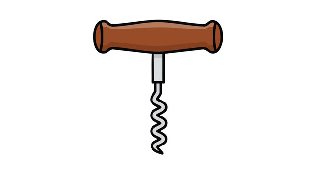 A simplistic, cartoon-style illustration of a brown and silver corkscrew isolated against a clean white background, perfect for culinary themed