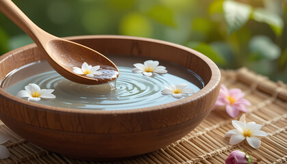 Pouring Liquid into Floral Bowl on Woven Mat – Calming Backdrop for Natural Beauty Campaigns and Holistic Lifestyle Promotions