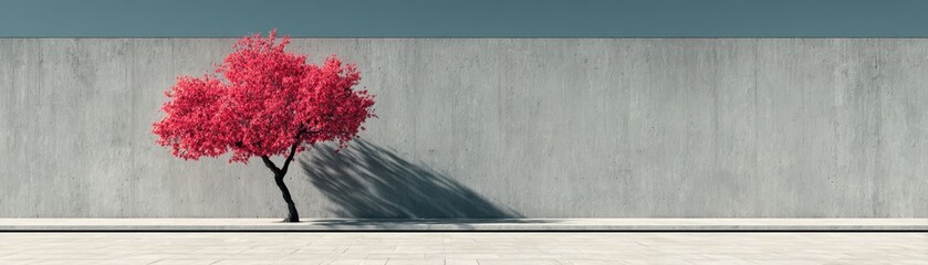 A solitary autumnal tree with vibrant crimson foliage stands proudly its intricate branches and leaves casting a dramatic dancing shadow against a stark textured concrete wall