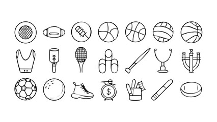 Sports equipment and athletic gear icons tennis racket sports shoe