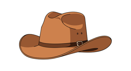 Stylized depiction of a classic tan cowboy hat with dark brown band and buckle set on a plain white backdrop creating focus 150 characters