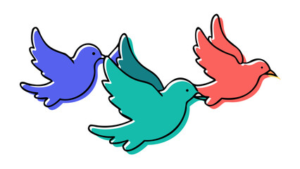 Three colorful birds flying in silhouette blue