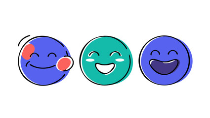 Three happy doodle faces smiling blue
