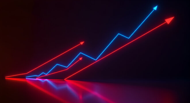 Neon Glowing Business Growth Charts with Upward Trend and Reflection