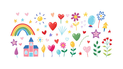 Whimsical colorful cartoon elements with hearts flowers and rainbow stars crowns