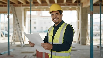 Construction worker reviewing plans at a building site