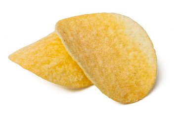 Photo of potato chips taken with a high-resolution camera using the focus-stacking technique on a white background.
